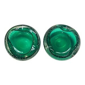 Set of 2 Carl Erickson Green and White Glass with Controlled Bubbles Design